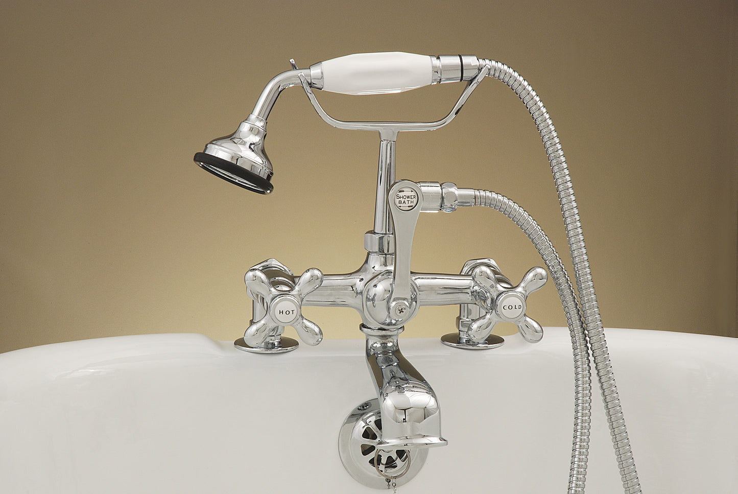 Strom Living British Telephone Deck Mount Tub Faucet with Handheld Shower and Cross Handles