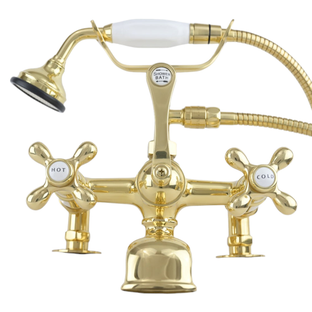 Strom Living British Telephone Deck Mount Tub Faucet with Handheld Shower and Cross Handles