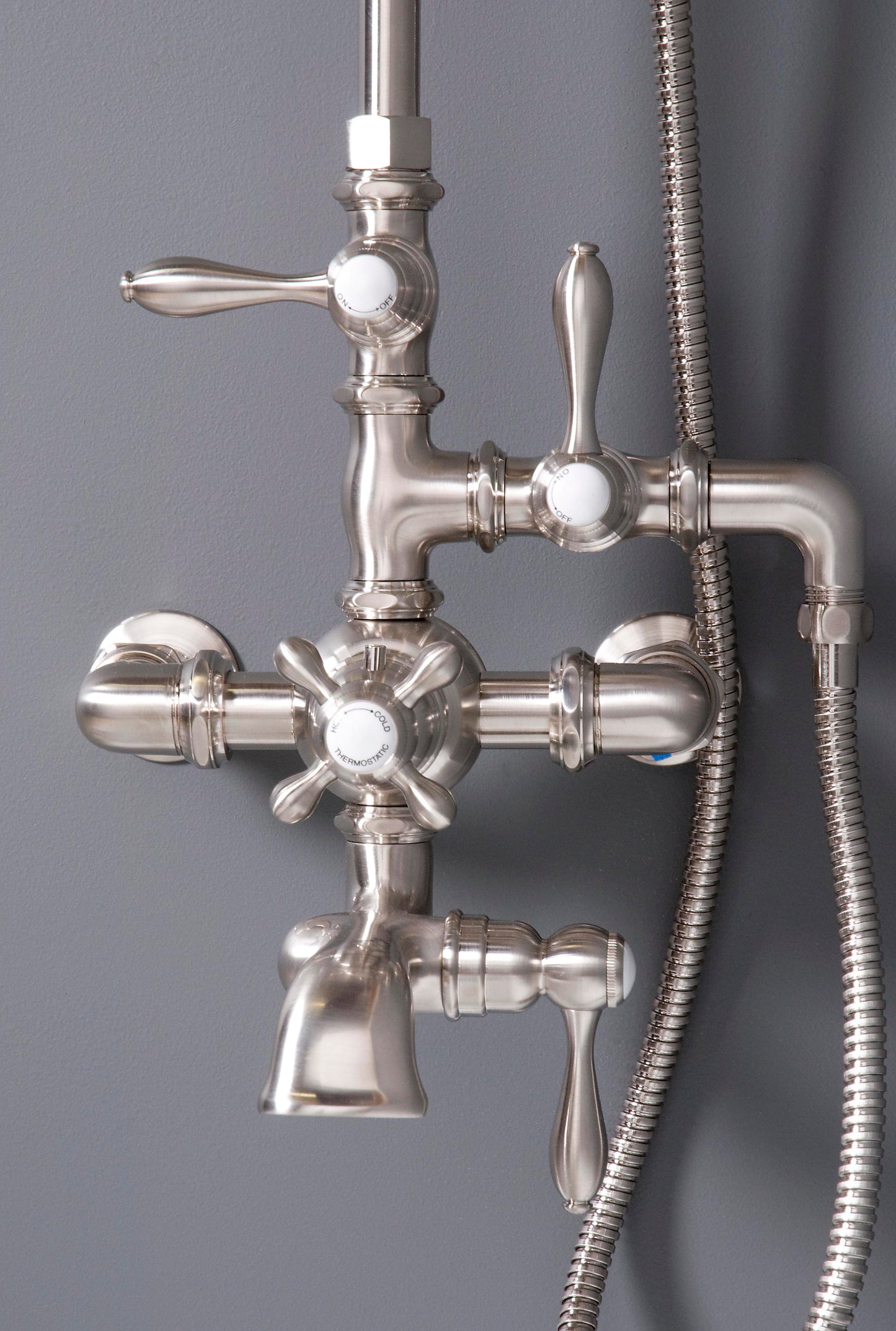 Exposed Thermostatic Shower System Wall Mounted with 1.75 GPM Tub Filler Handshower and Lever/Cross Handles