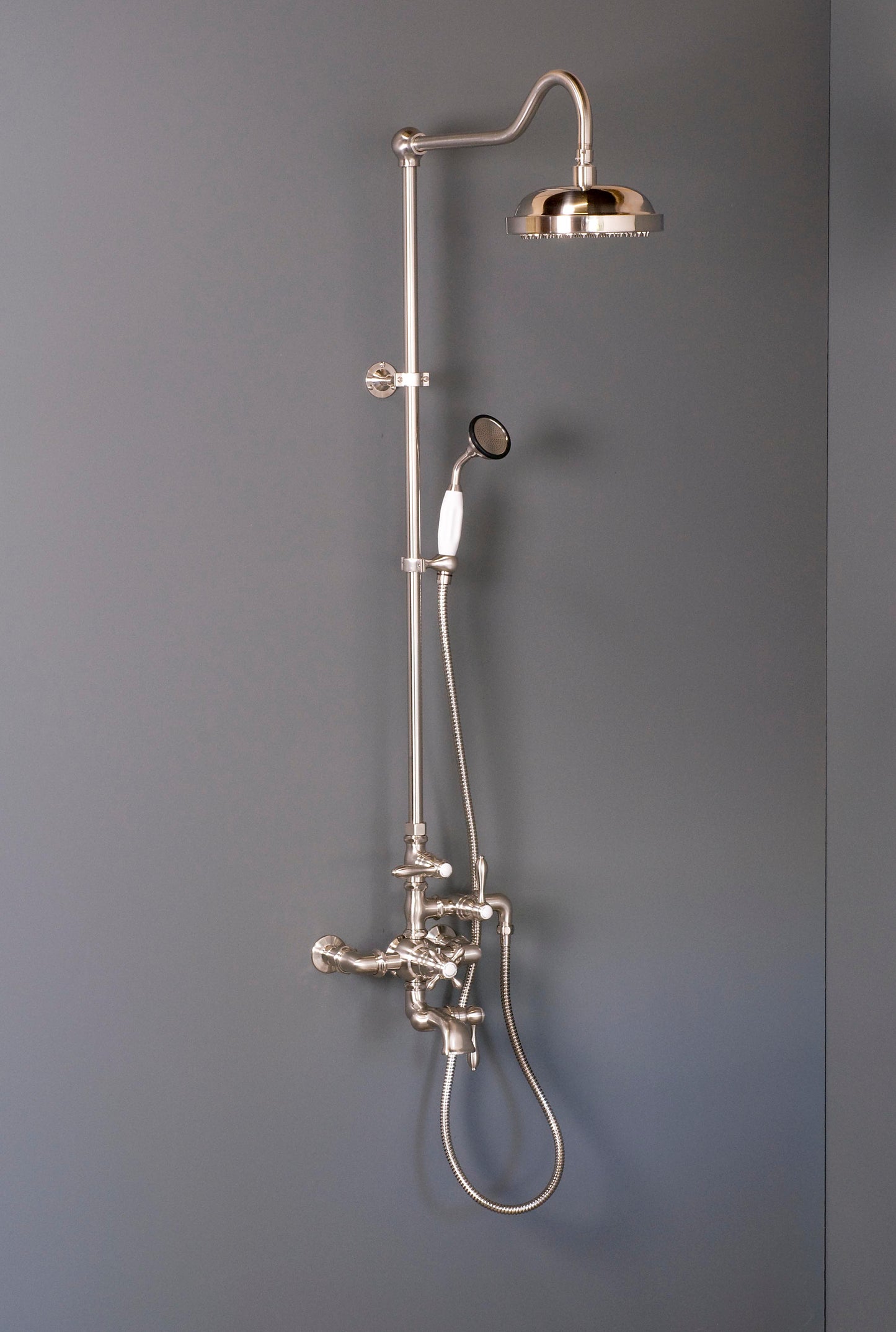 Exposed Thermostatic Shower System Wall Mounted with 1.75 GPM Tub Filler Handshower and Lever/Cross Handles