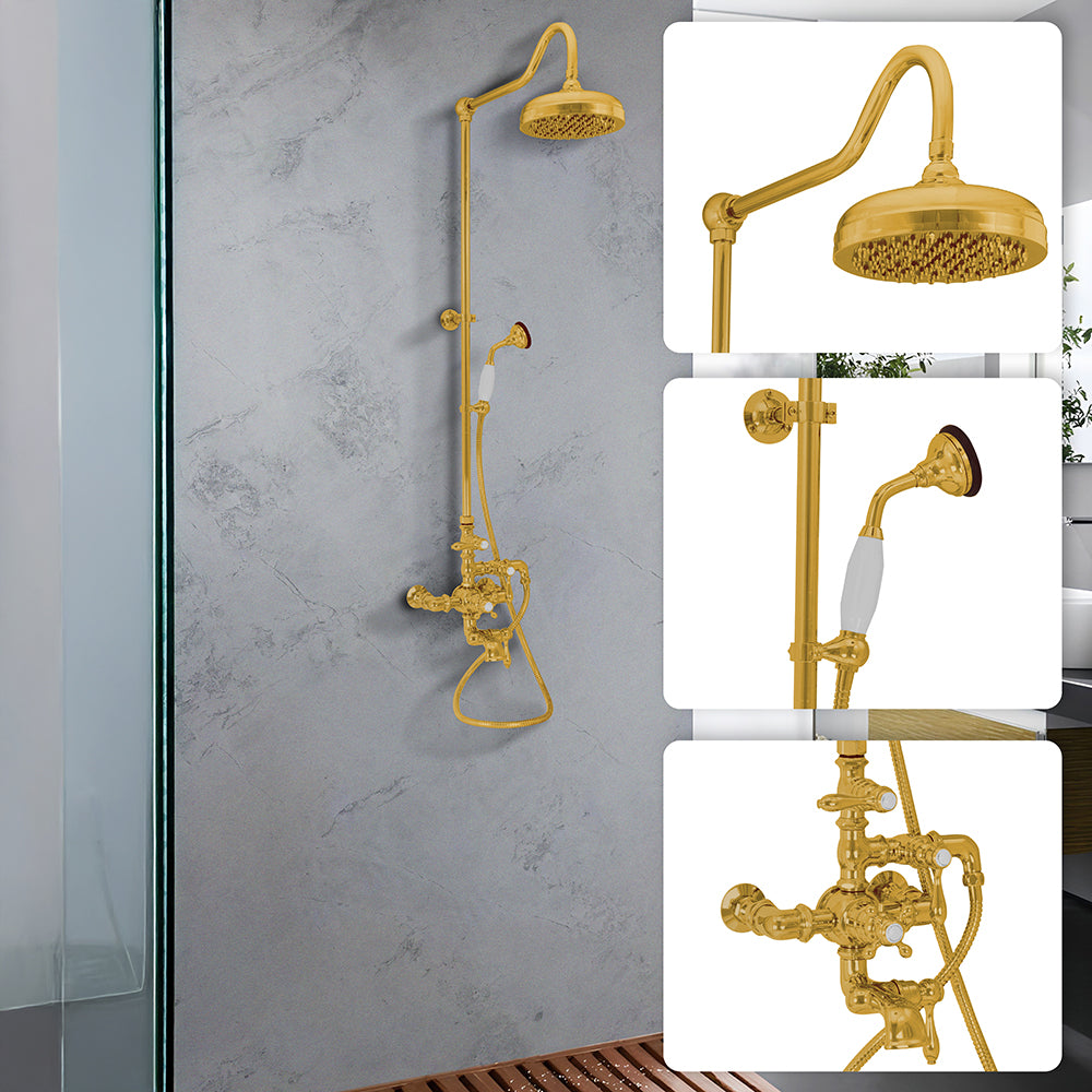 Exposed Thermostatic Shower System Wall Mounted with 1.75 GPM Tub Filler Handshower and Lever/Cross Handles