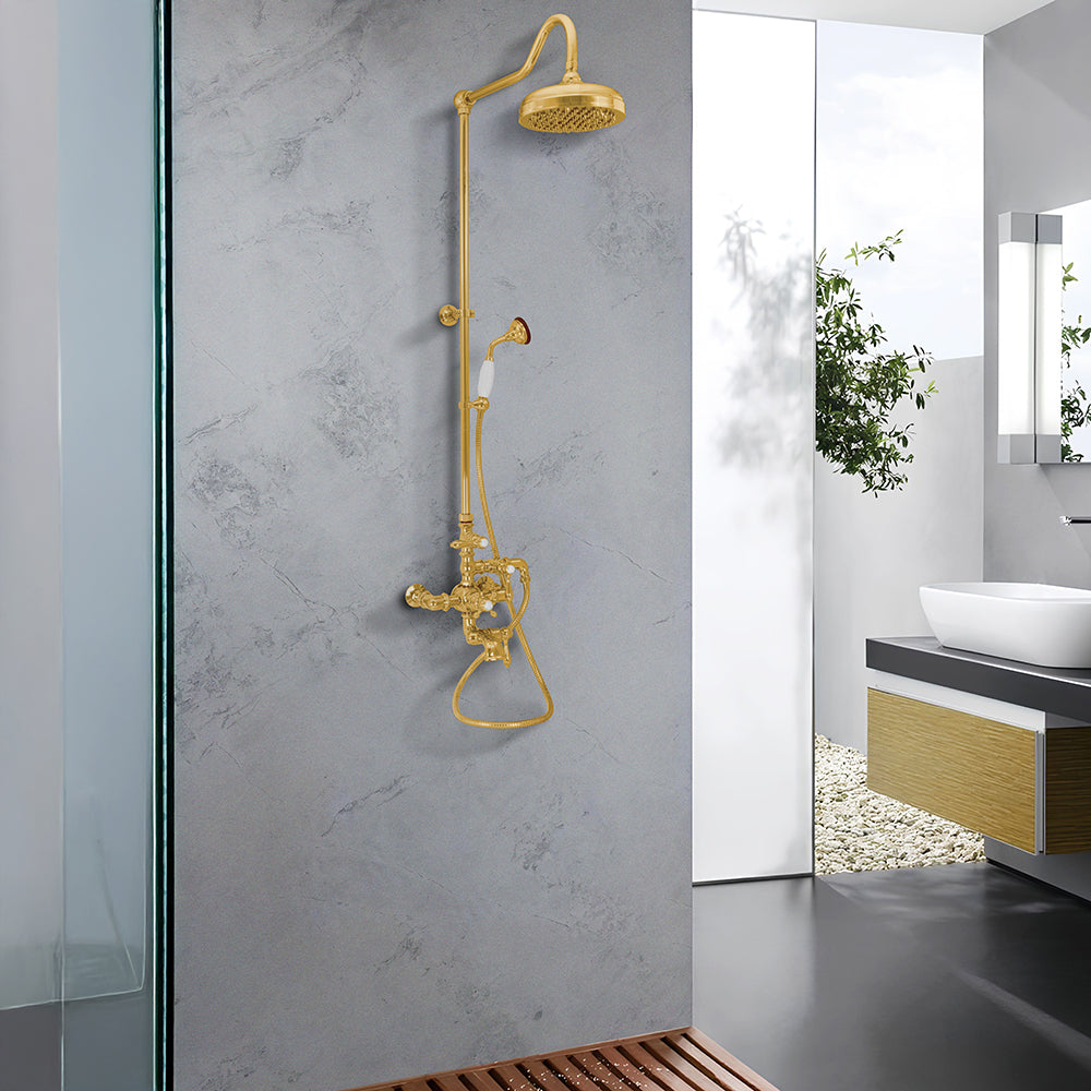 Exposed Thermostatic Shower System Wall Mounted with 1.75 GPM Tub Filler Handshower and Lever/Cross Handles