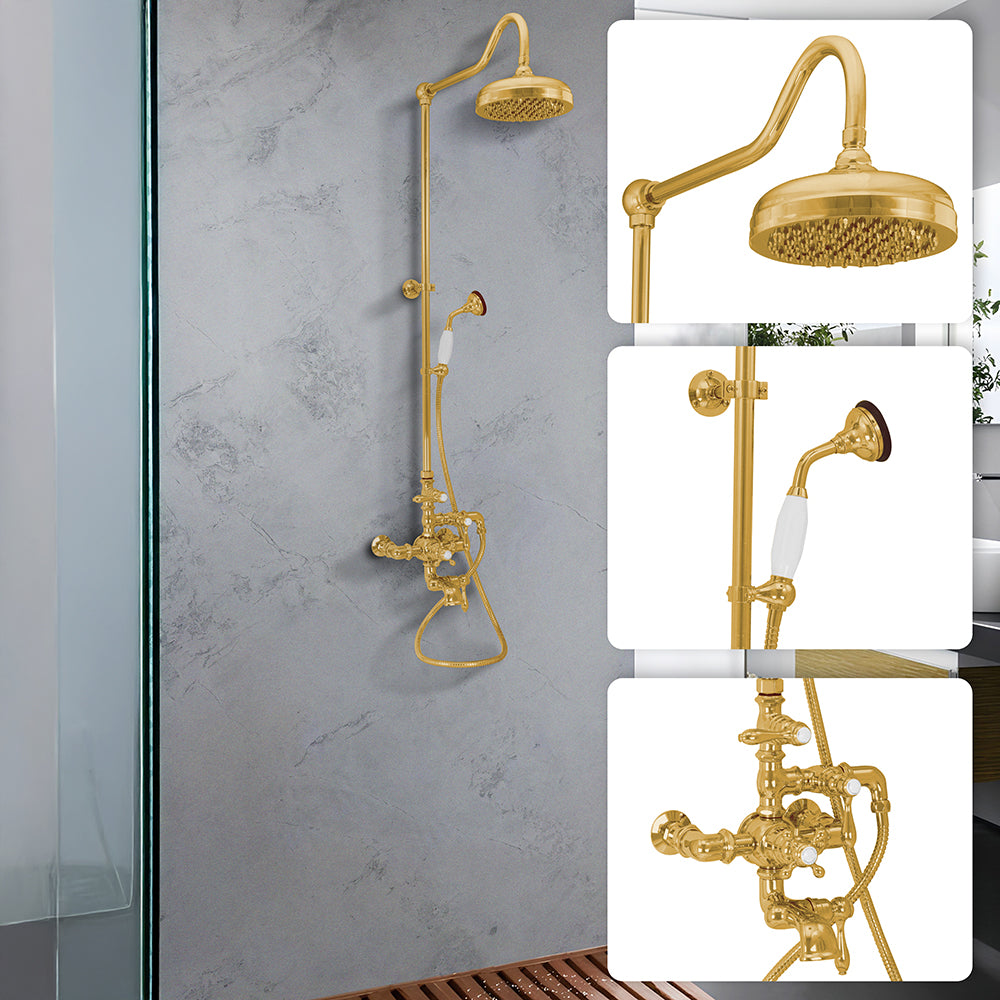 Exposed Thermostatic Shower System Wall Mounted with 1.75 GPM Tub Filler Handshower and Lever/Cross Handles