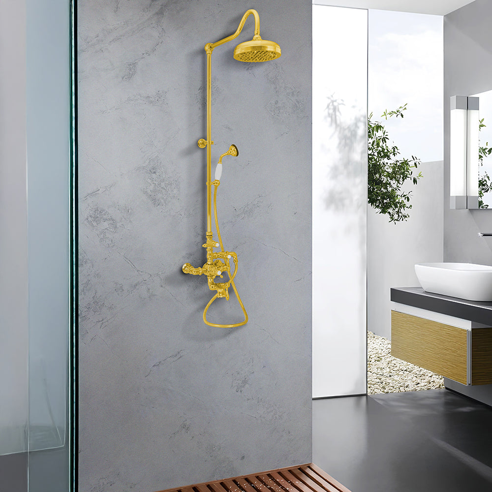Exposed Thermostatic Shower System Wall Mounted with 1.75 GPM Tub Filler Handshower and Lever/Cross Handles