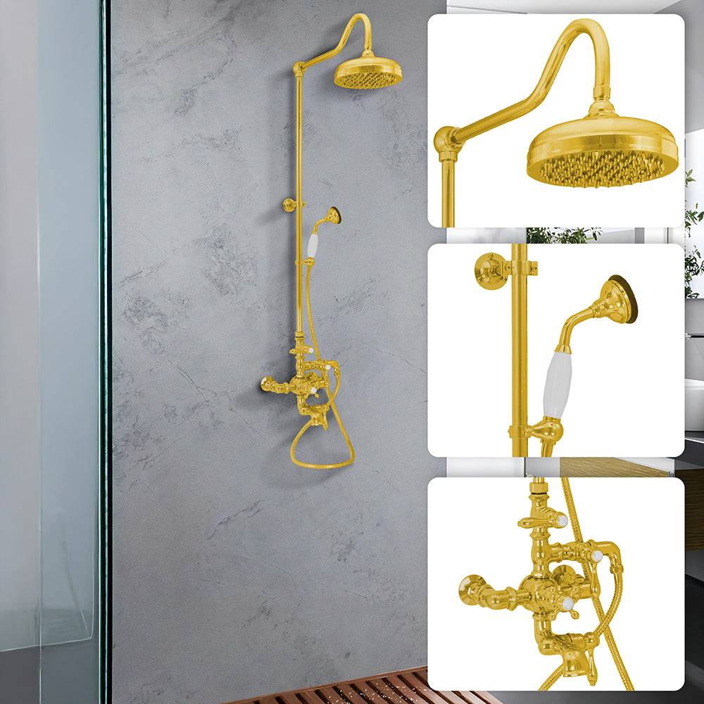 Exposed Thermostatic Shower System Wall Mounted with 1.75 GPM Tub Filler Handshower and Lever/Cross Handles