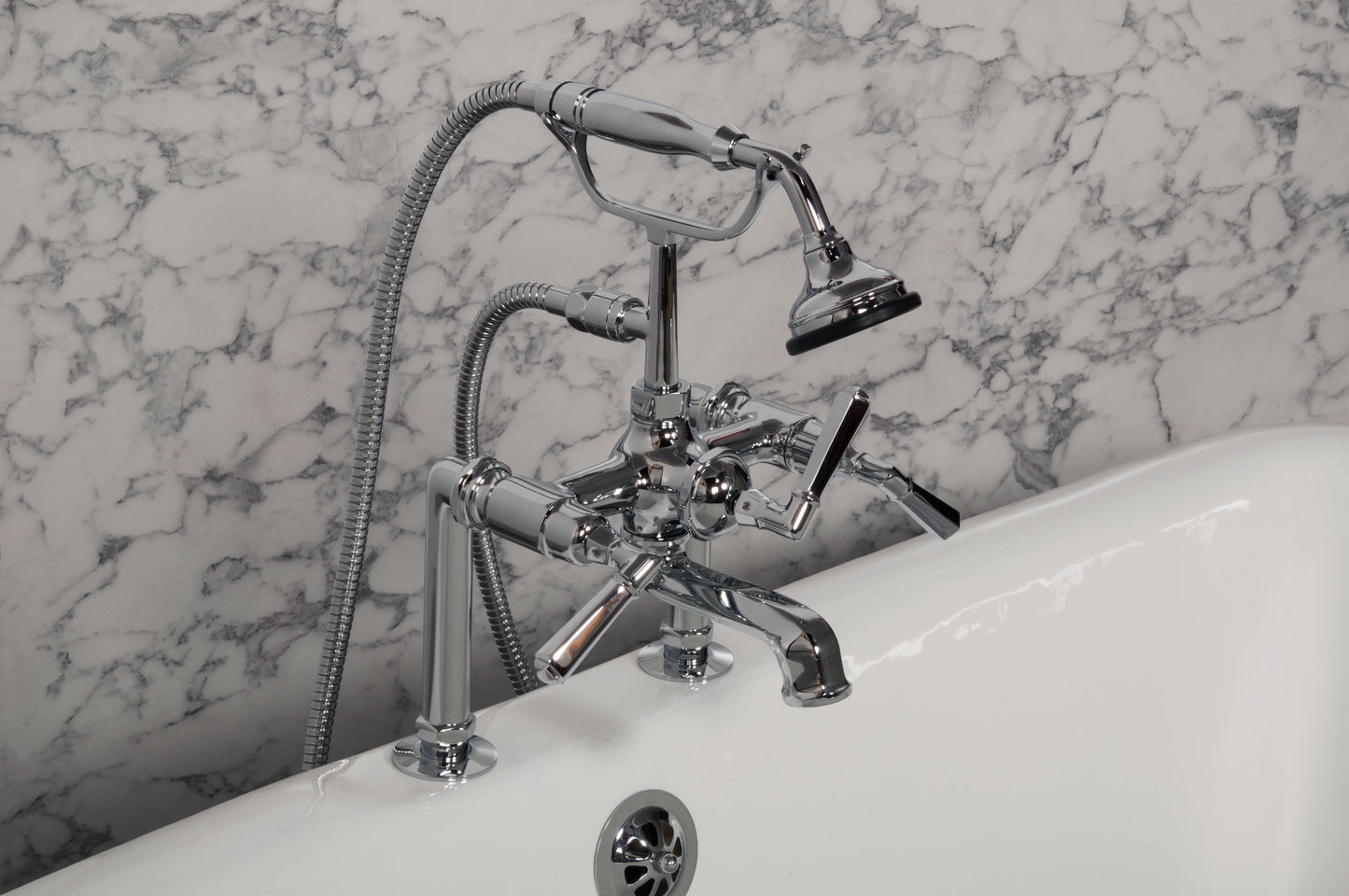 Strom Living British Telephone Deck Mount Tub Faucet with Handheld Shower and Deco Lever Handles