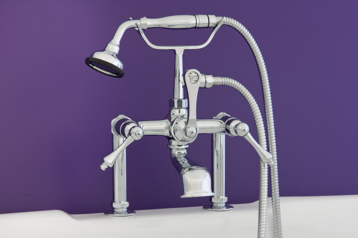 Strom Living British Telephone Deck Mount Tub Faucet with Handheld Shower and Diverter Handles