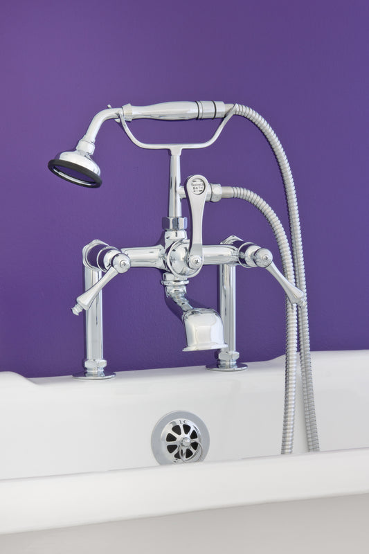 Strom Living British Telephone Deck Mount Tub Faucet with Handheld Shower and Diverter Handles