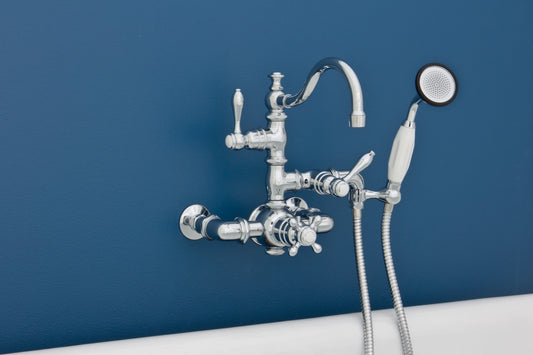 Strom Living Thermostatic Tub Faucet with Fixed Arched Spout and Handheld Shower