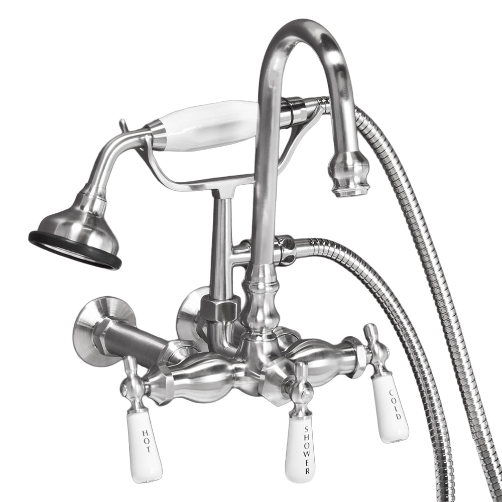 Strom Living Gooseneck Faucet with Porcelain Lever Handles and Porcelain Shower Handle