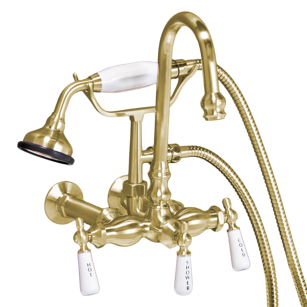 Strom Living Gooseneck Faucet with Porcelain Lever Handles and Porcelain Shower Handle