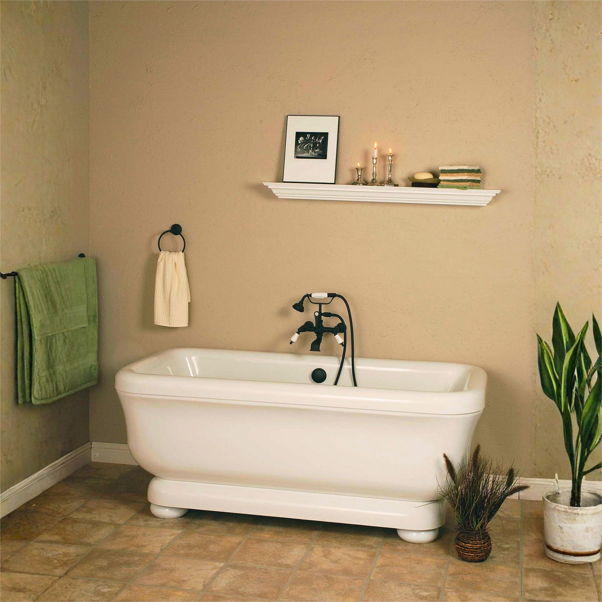 Freestanding tub with a telephone-style tub faucet in a bathroom