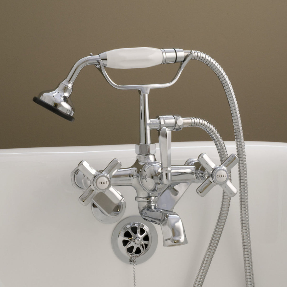 Deco telephone-style tub filler on a tub