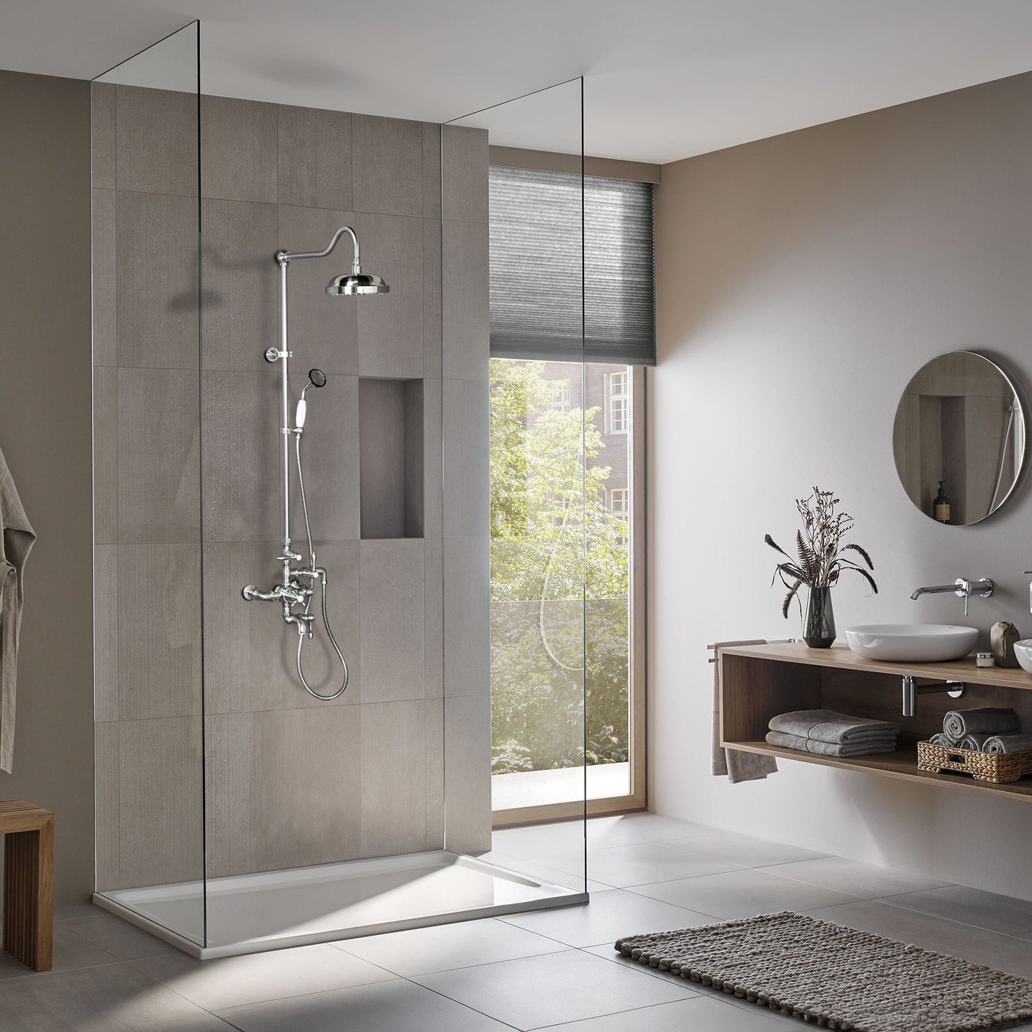 Exposed Thermostatic Shower System Wall Mounted with 1.75 GPM Tub Filler Handshower and Lever/Cross Handles