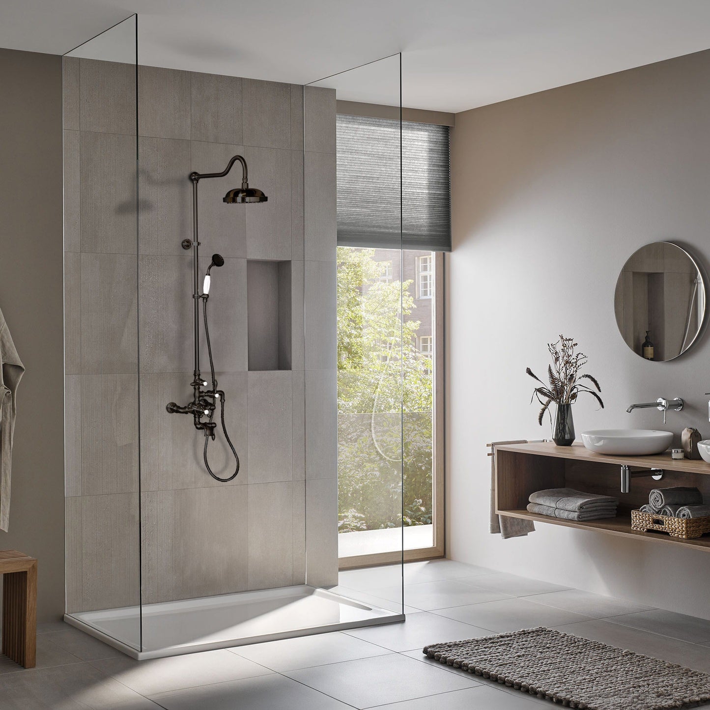 Exposed Thermostatic Shower System Wall Mounted with 1.75 GPM Tub Filler Handshower and Lever/Cross Handles