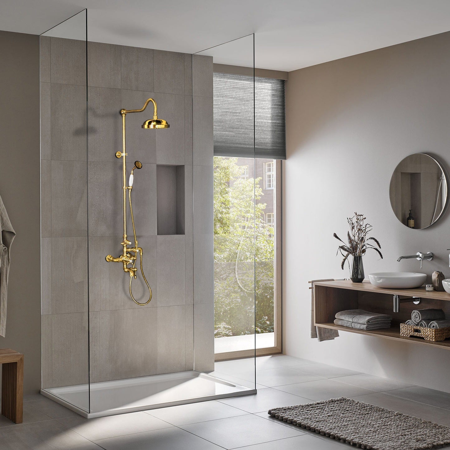 Exposed Thermostatic Shower System Wall Mounted with 1.75 GPM Tub Filler Handshower and Lever/Cross Handles