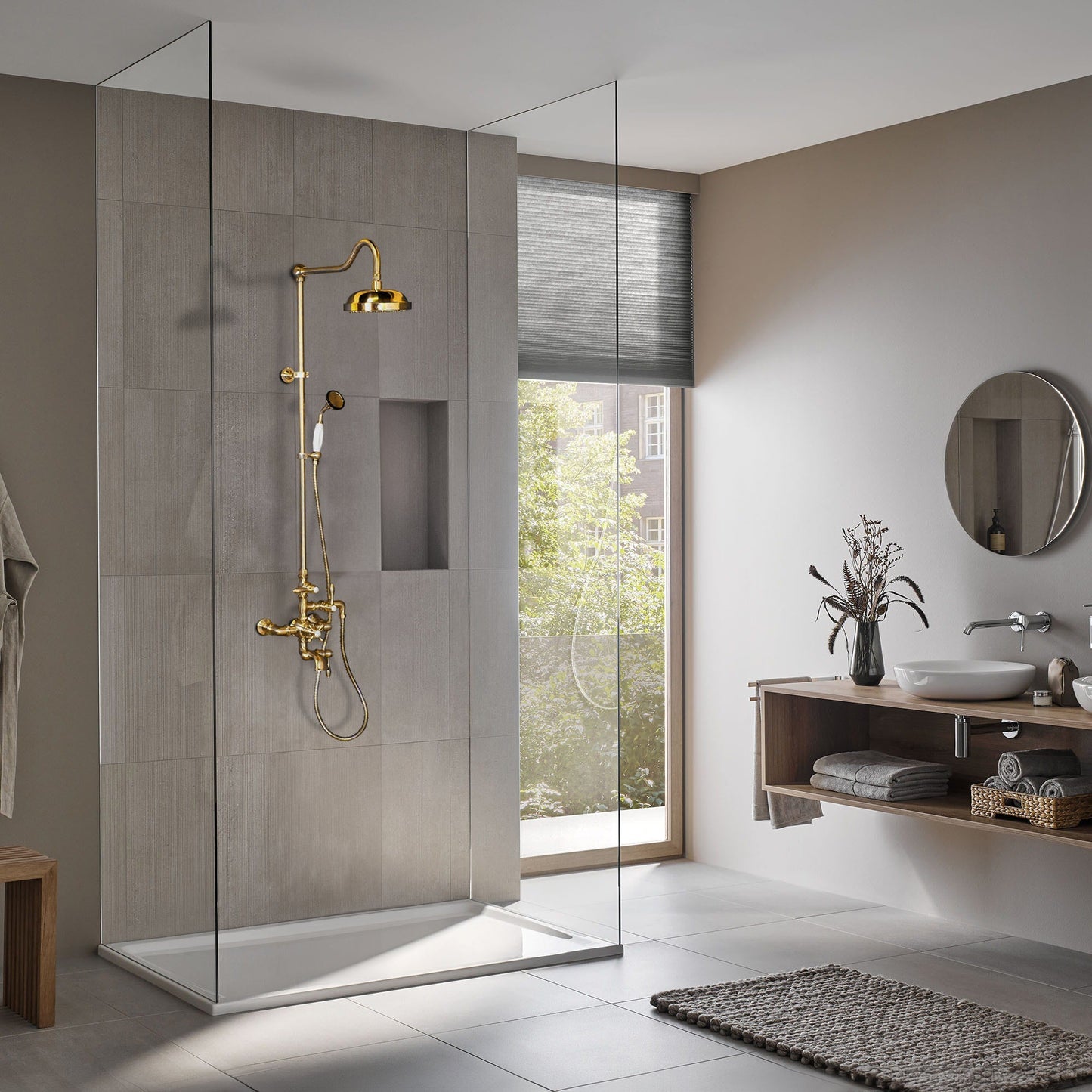 Exposed Thermostatic Shower System Wall Mounted with 1.75 GPM Tub Filler Handshower and Lever/Cross Handles