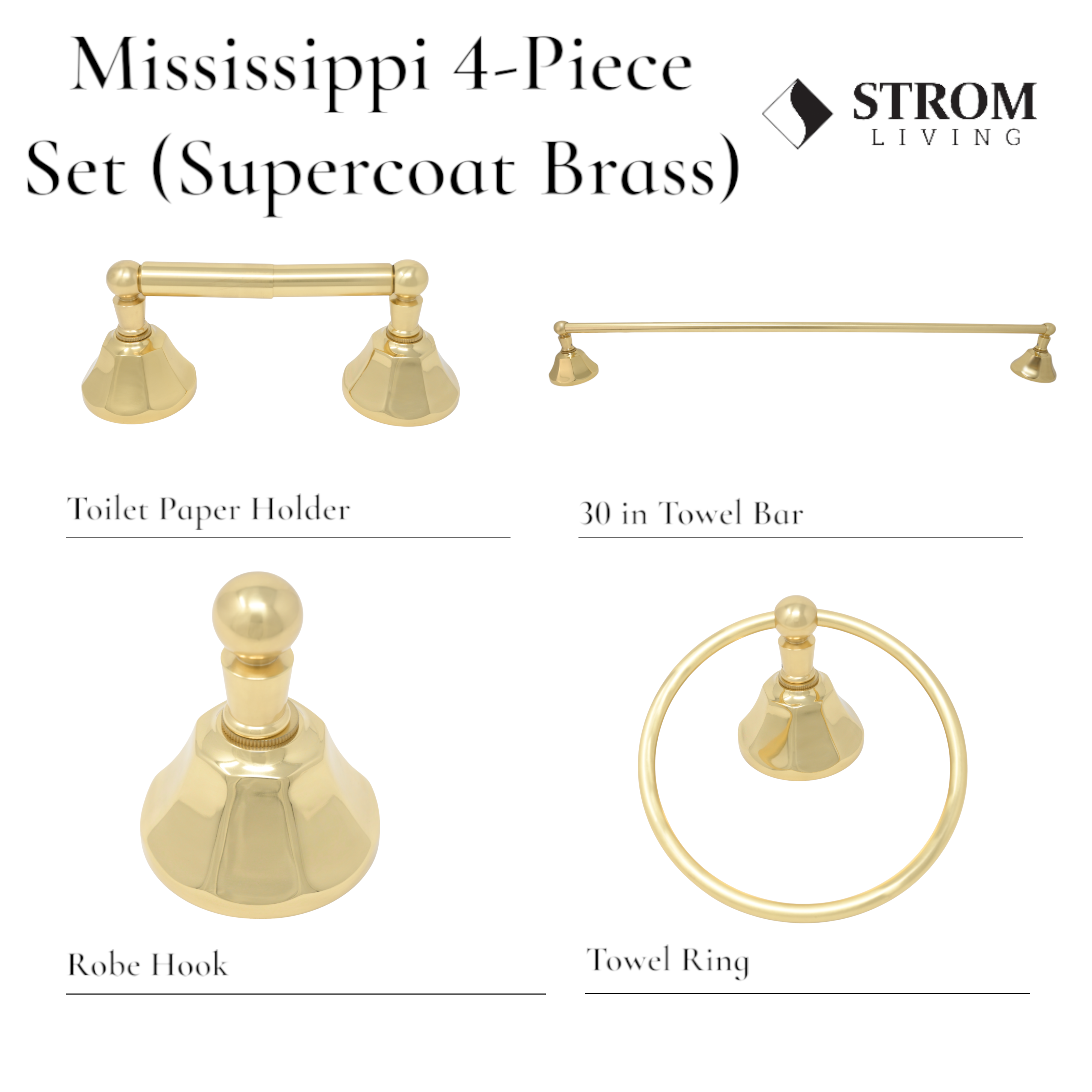 Mississippi 4-Piece Bathroom Accessory Hardware Set P4BMIS18 | Strom Living Supercoat Brass - Bathroom Accessories