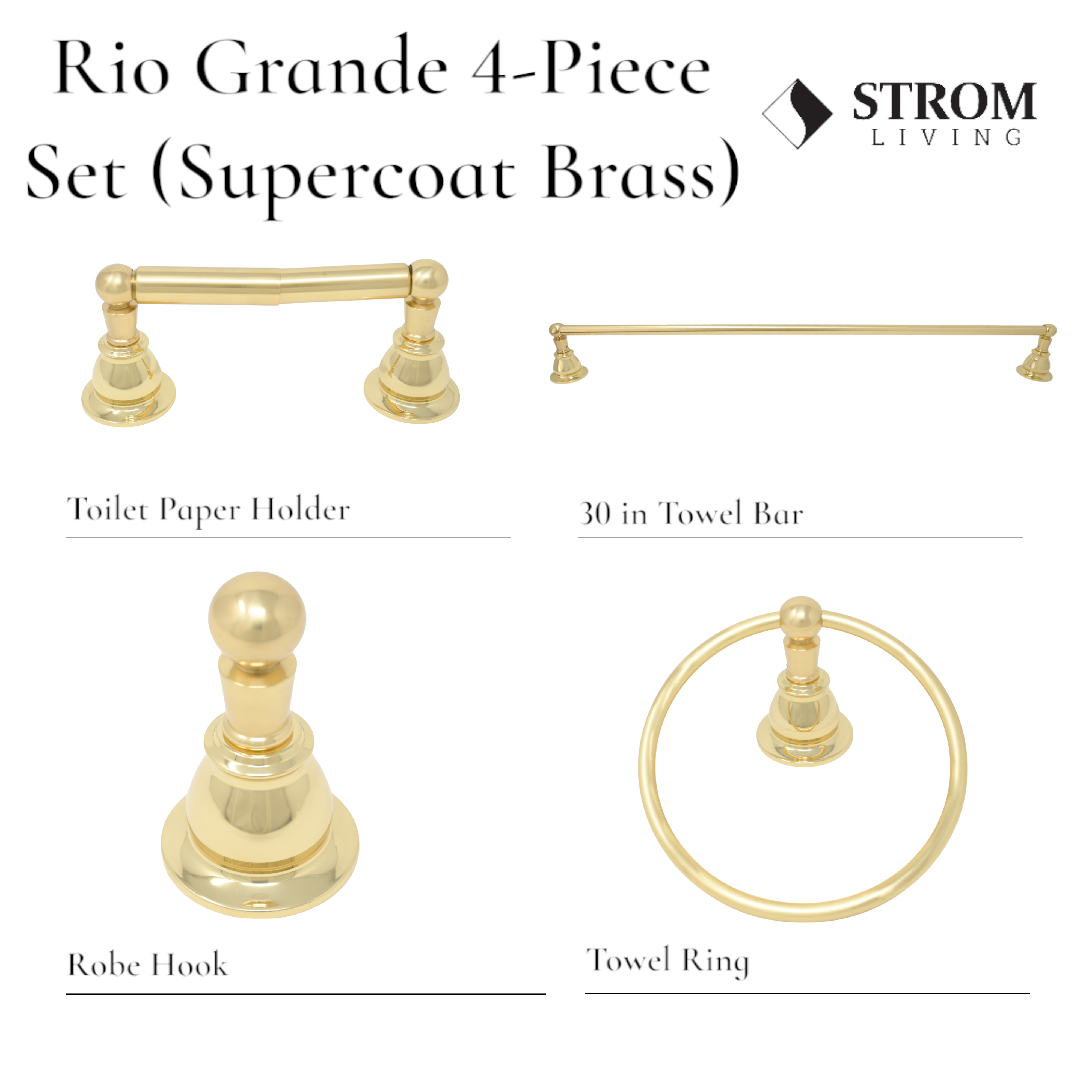 Rio Grande 4-Piece Bathroom Accessory Hardware Set P4BRIO18 | Strom Living Supercoat Brass - Bathroom Accessories