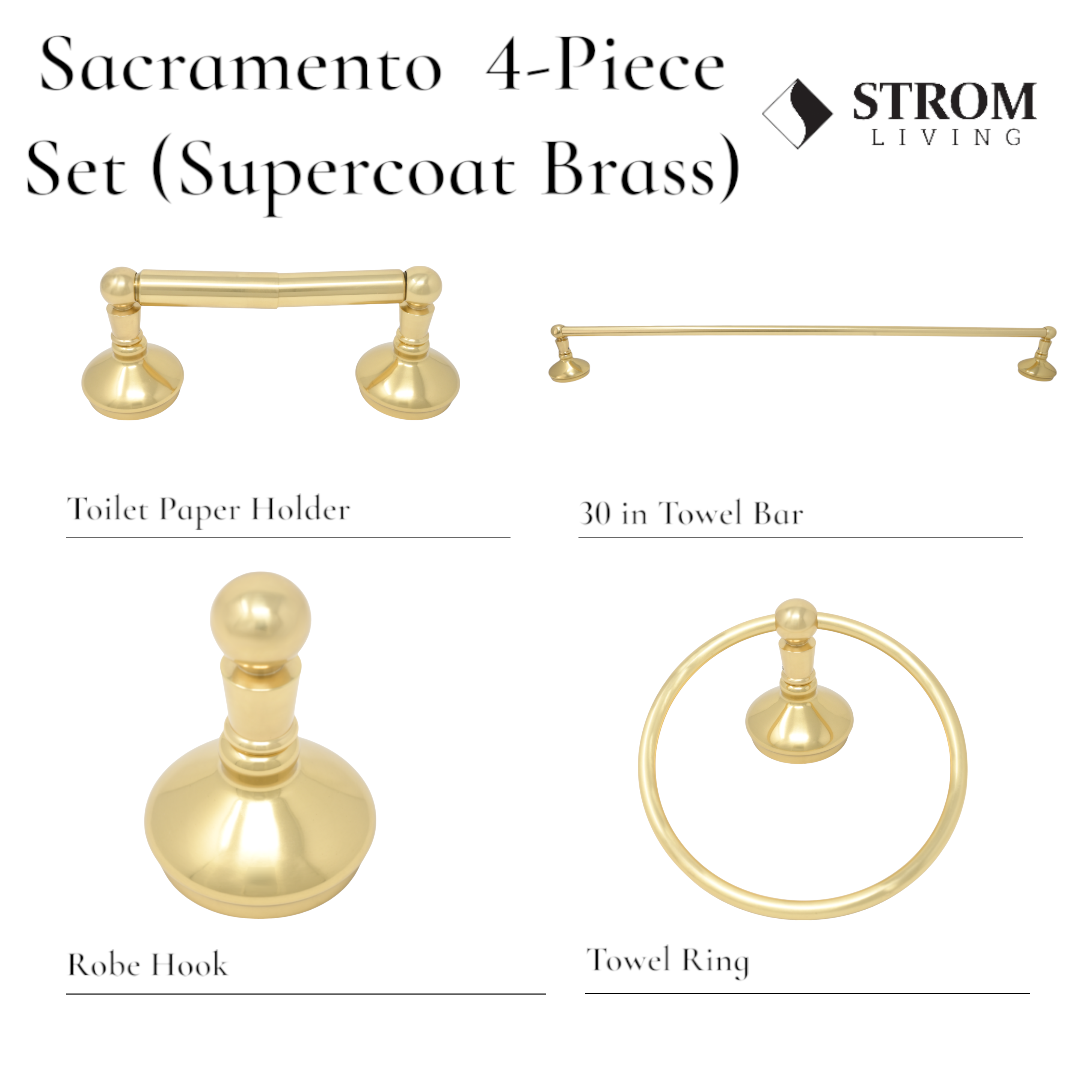 Sacramento 4-Piece Bathroom Accessory Hardware Set P4BSAC18 | Strom Living Supercoat Brass - Bathroom Accessories