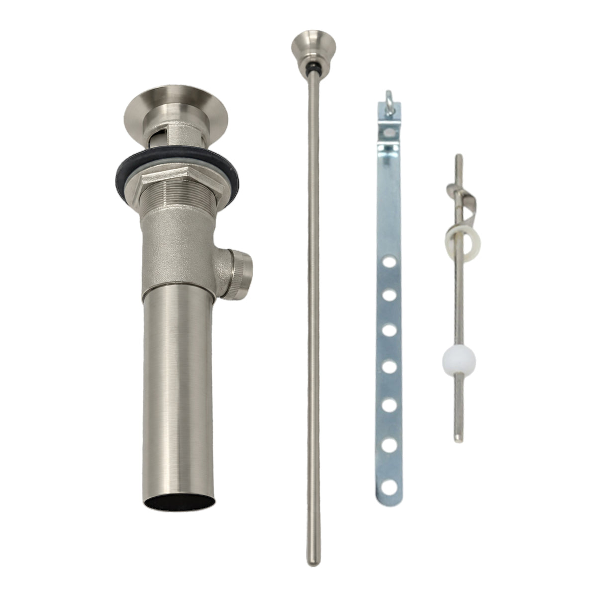 Lavatory Pop-Up Drain with Solid Brass and 1.25" Tube Drain P0085 in Matte Nickel, angled view