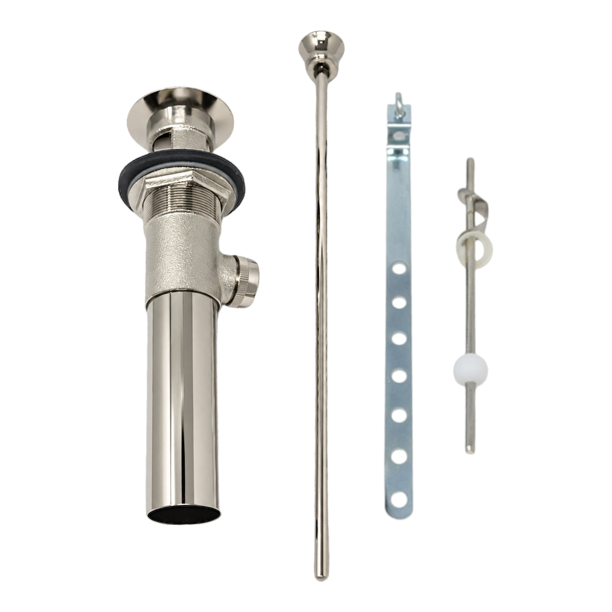 Lavatory Pop-Up Drain with Solid Brass and 1.25" Tube Drain P0085 in Polished Nickel, angled view