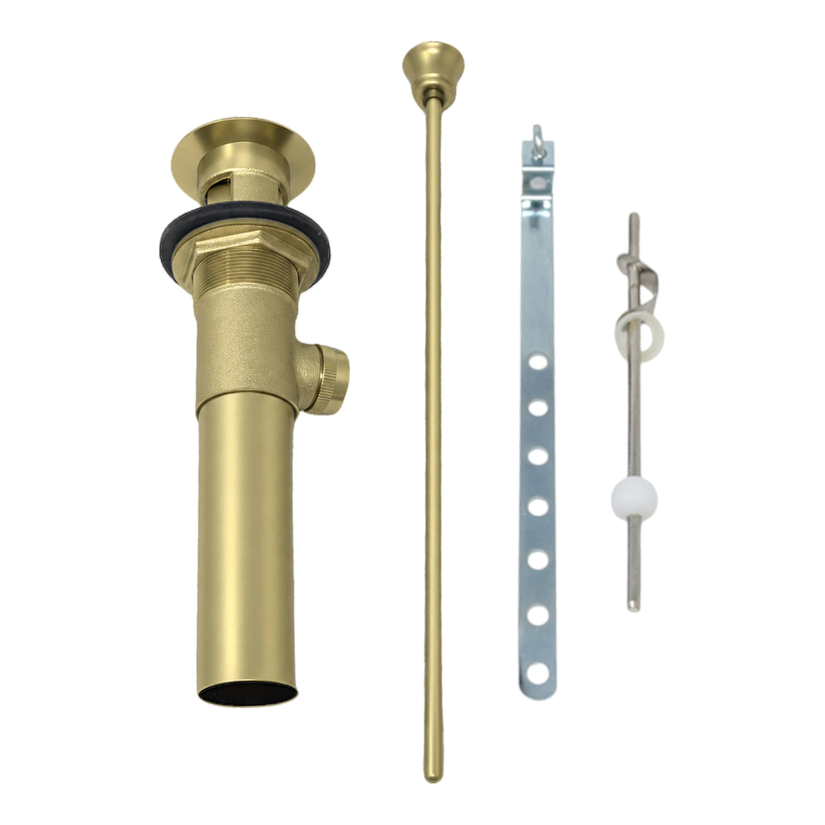 Lavatory Pop-Up Drain with Solid Brass and 1.25" Tube Drain P0085 in Raw Brass, angled view