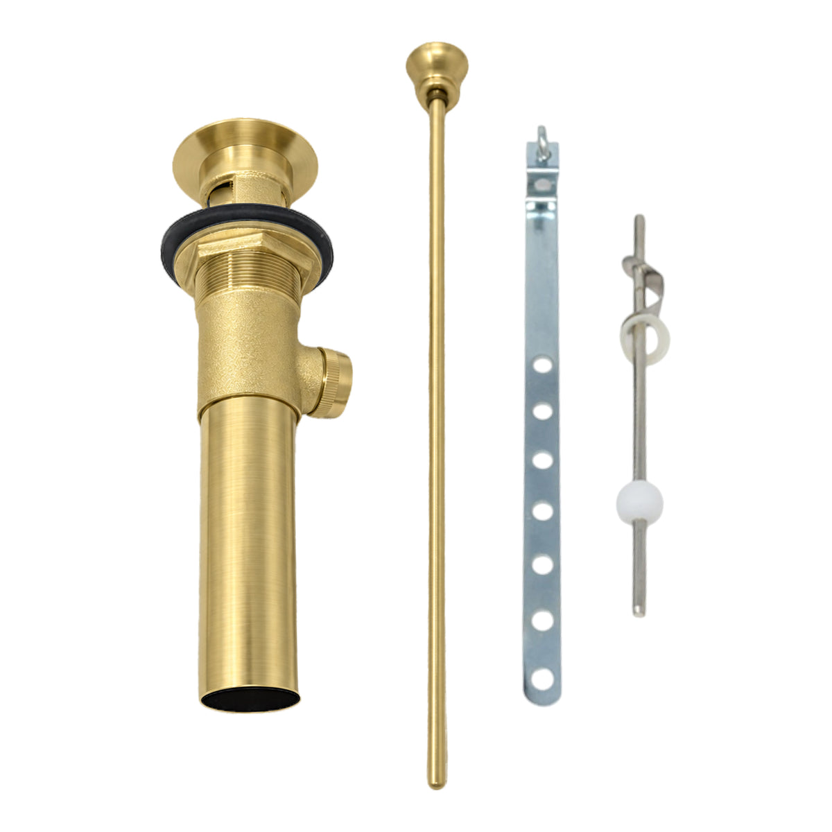 Lavatory Pop-Up Drain with Solid Brass and 1.25" Tube Drain P0085 in Satin Brass, angled view