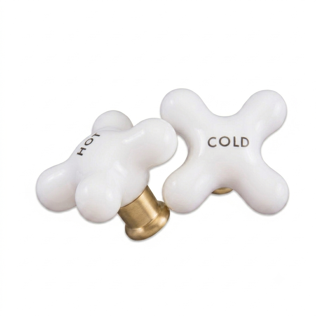 P0212 Small Porcelain Cross Handle Pair Raw Brass - Faucet Parts
