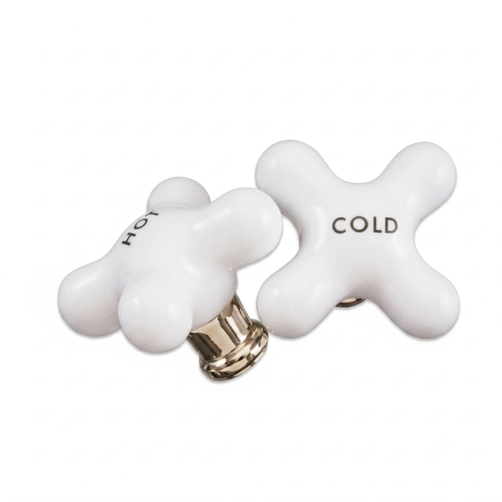 P0212 Small Porcelain Cross Handle Pair Supercoat Brass - Faucet Parts