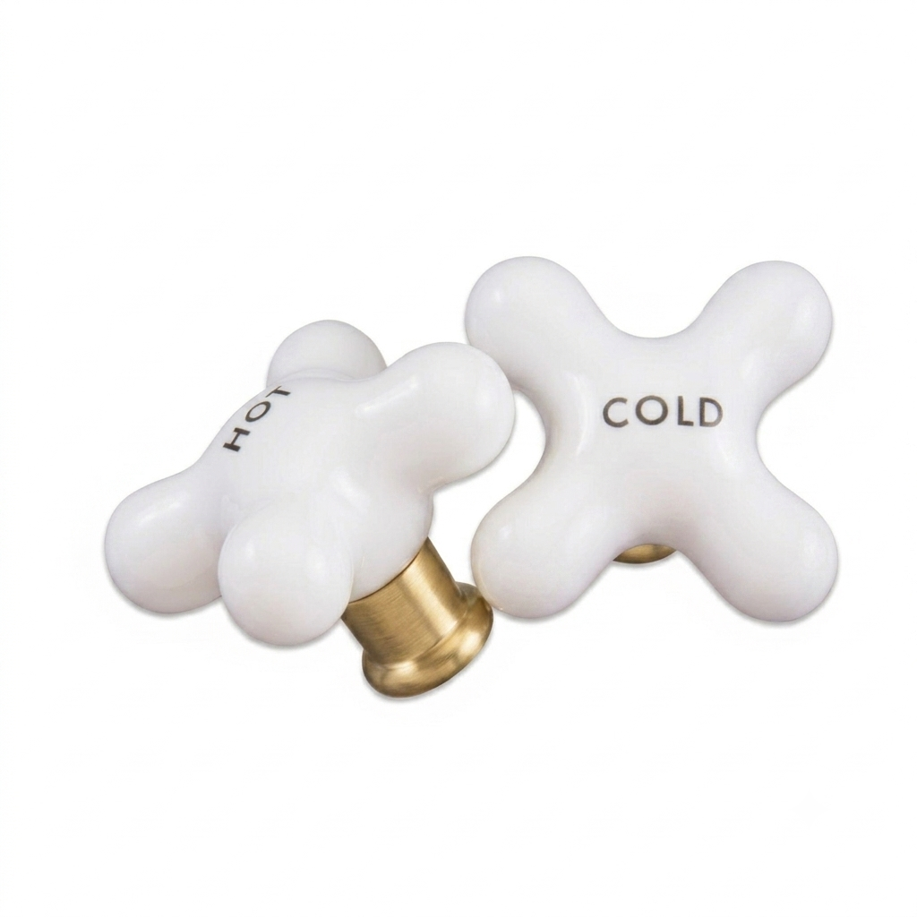 P0212 Small Porcelain Cross Handle Pair Satin Brass - Faucet Parts