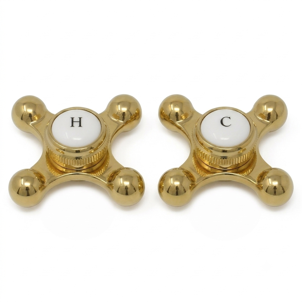 Strom Living P0220 Cross Point Temperature Handles with Button Polished Brass - Faucet Parts