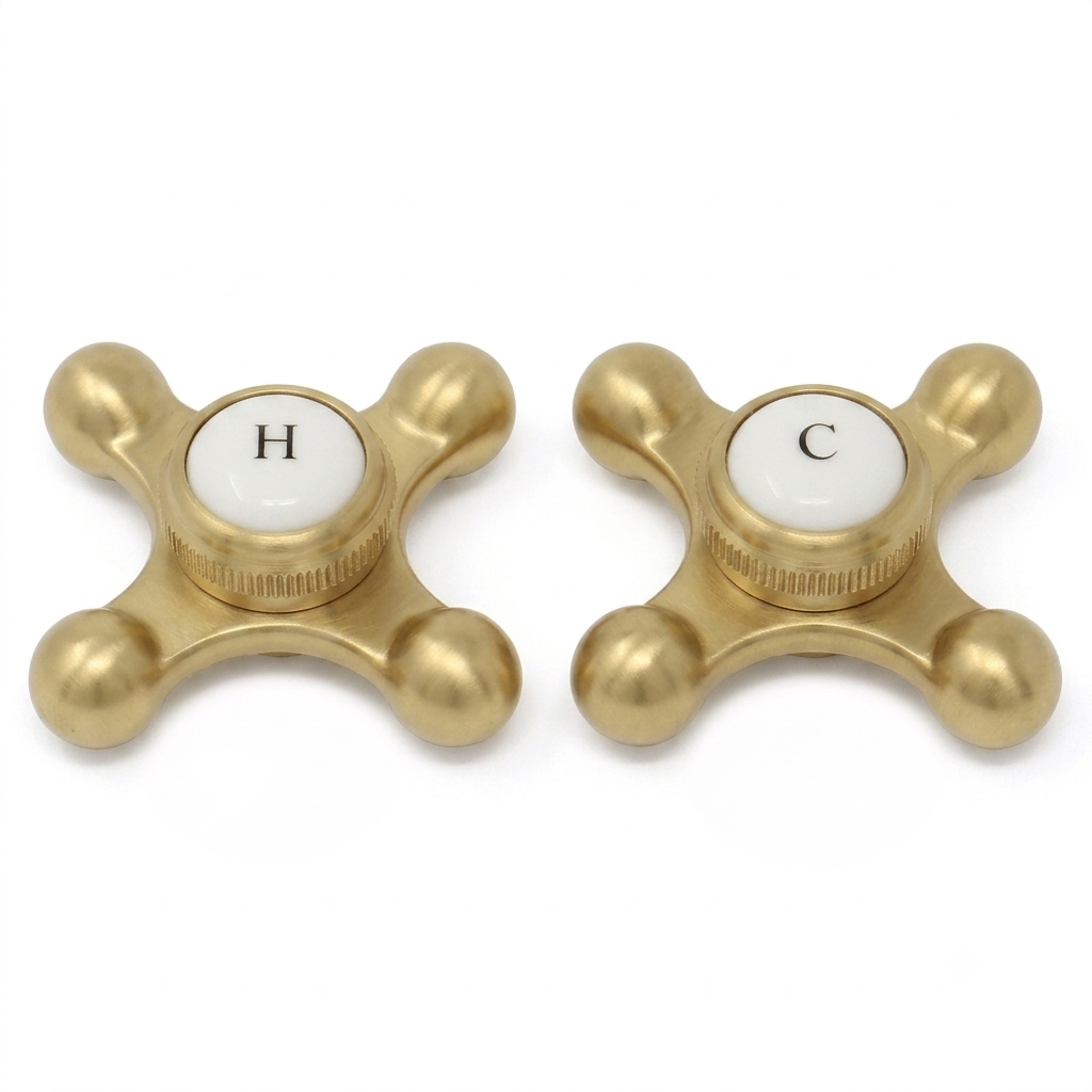 Strom Living P0220 Cross Point Temperature Handles with Button Satin Brass - Faucet Parts