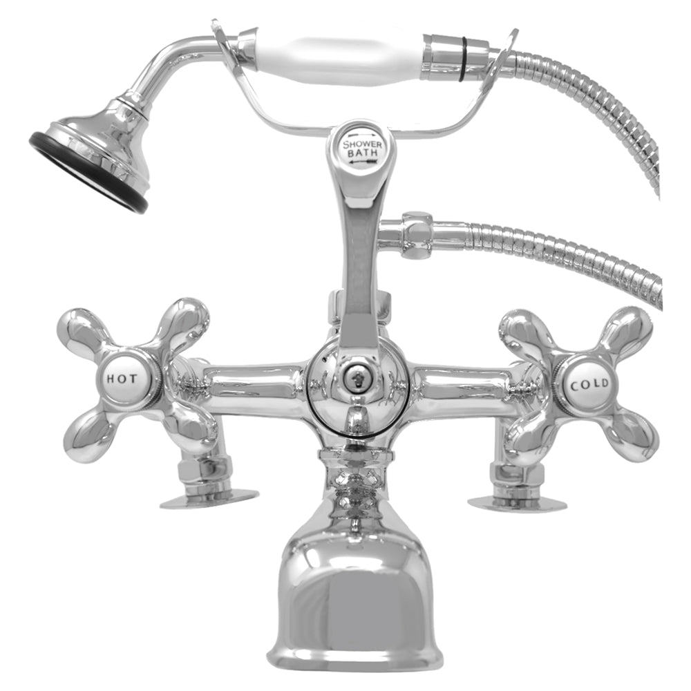 British Telephone Deck Mount Tub Faucet with Handheld Shower and Cross Handles P0341 | Strom Living