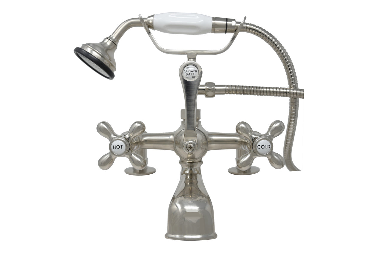 British Telephone Deck Mount Tub Faucet with Handheld Shower and Cross Handles P0341 | Strom Living
