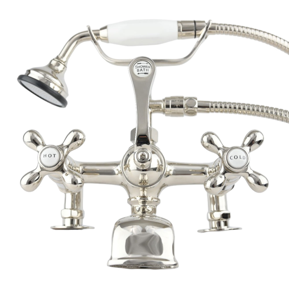 Strom Living British Telephone Deck Mount Tub Faucet with Handheld Shower and Cross Handles