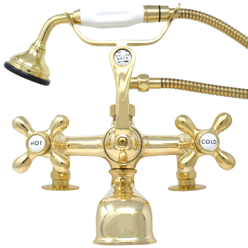 British Telephone Deck Mount Tub Faucet with Handheld Shower and Cross Handles P0341 | Strom Living