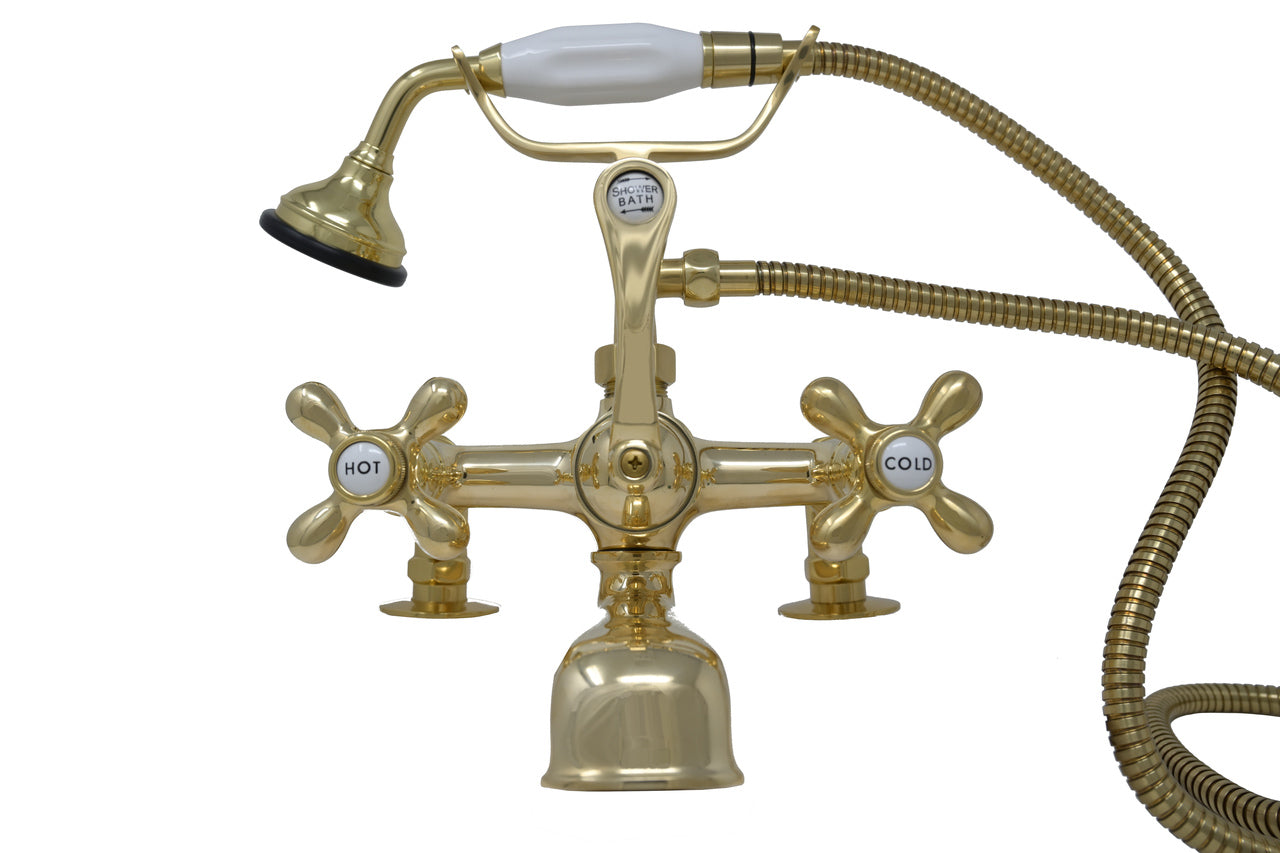 British Telephone Deck Mount Tub Faucet with Handheld Shower and Cross Handles P0341 | Strom Living