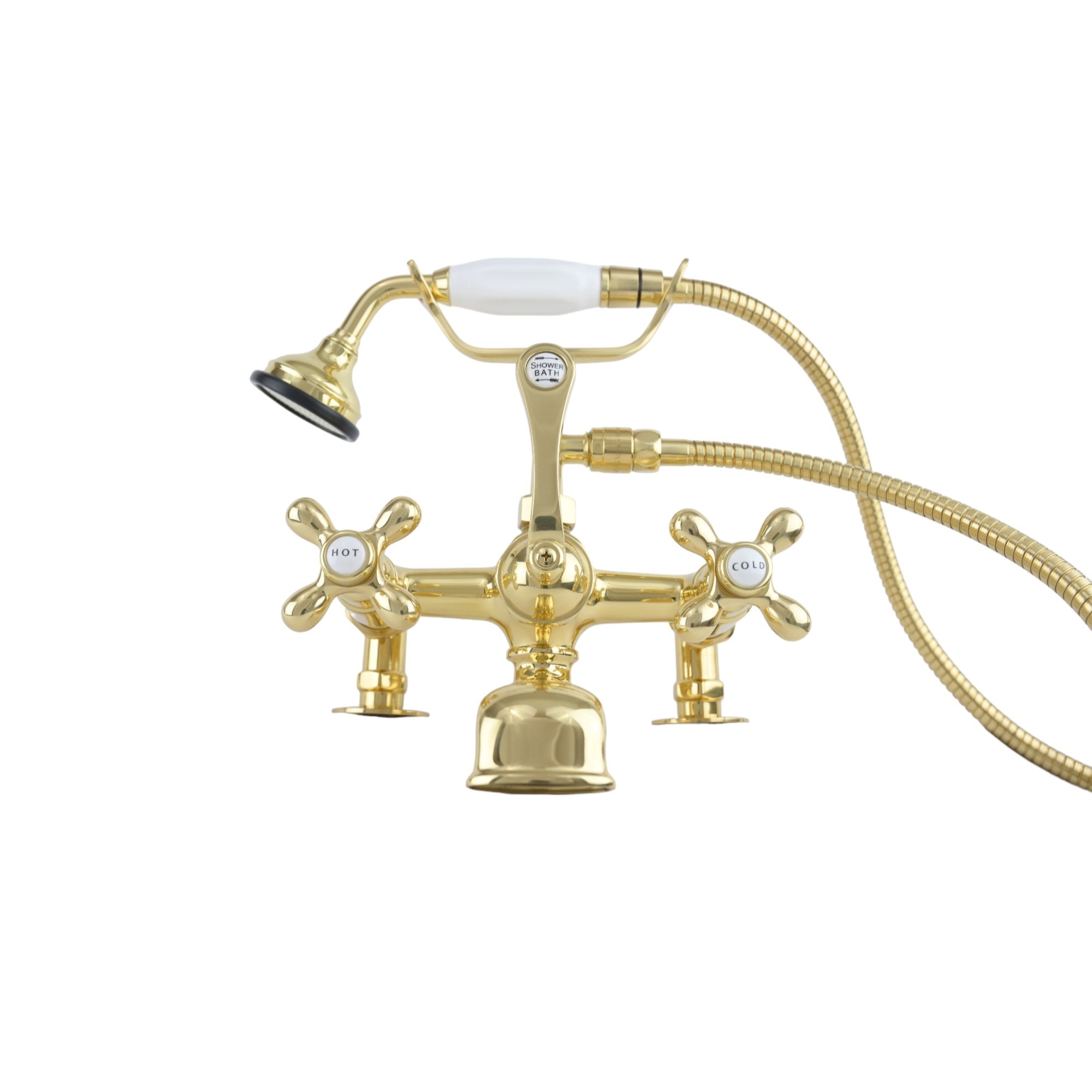 British Telephone Deck Mount Tub Faucet with Handheld Shower and Cross Handles P0341 | Strom Living