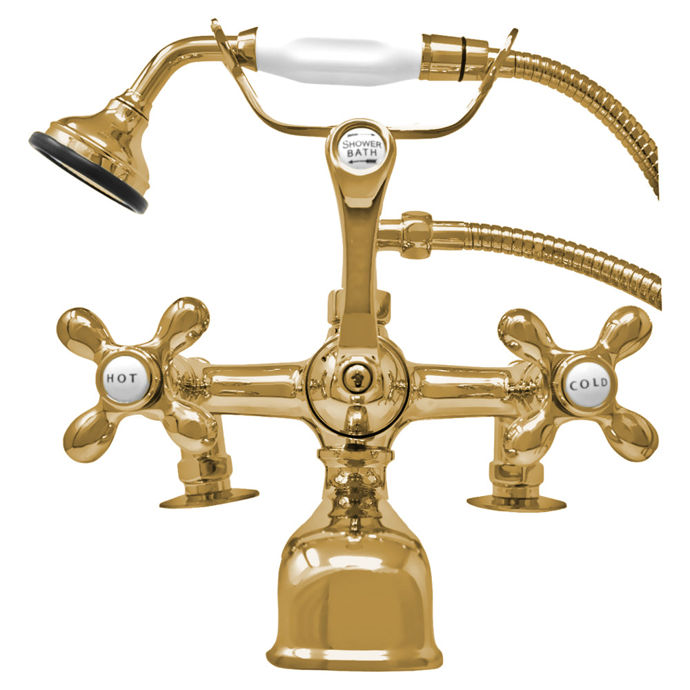 British Telephone Deck Mount Tub Faucet with Handheld Shower and Cross Handles P0341 | Strom Living