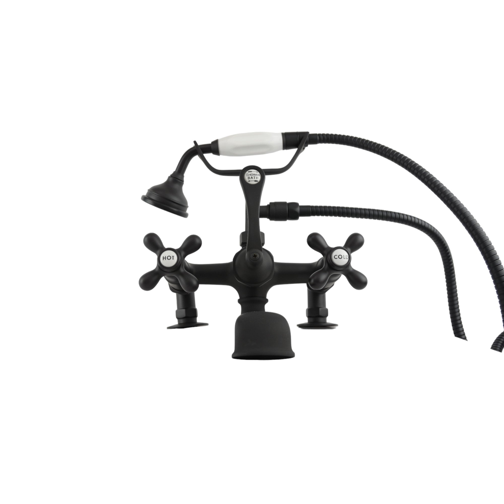 British Telephone Deck Mount Tub Faucet with Handheld Shower and Cross Handles P0341 | Strom Living