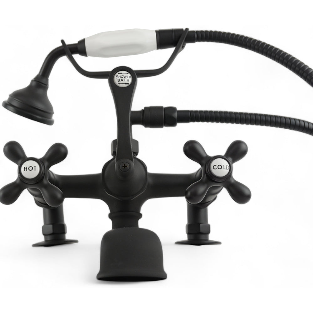 Strom Living British Telephone Deck Mount Tub Faucet with Handheld Shower and Cross Handles