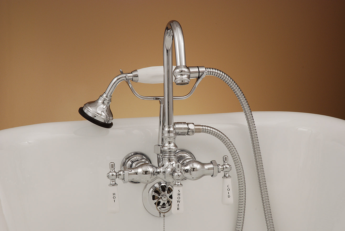 Strom Living Tub Faucet with Handheld Shower and Diverter Handle and Gooseneck Spout