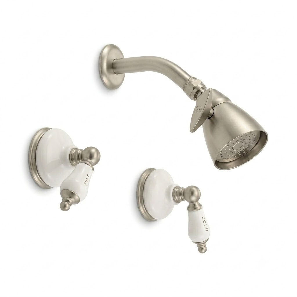 Sacramento In-Wall Shower Set with Porcelain Escutcheons, Lever Handles and Spout P0450 | Strom Living Matte Nickel - Showers