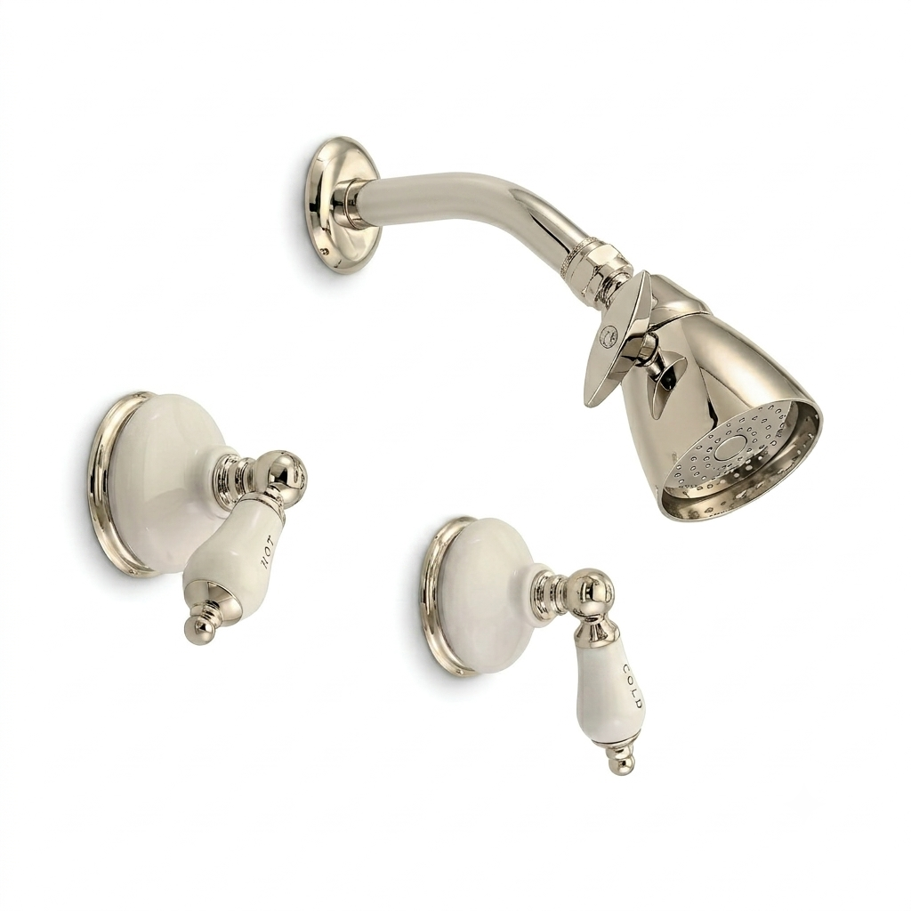 Sacramento In-Wall Shower Set with Porcelain Escutcheons, Lever Handles and Spout P0450 | Strom Living Polished Nickel - Showers