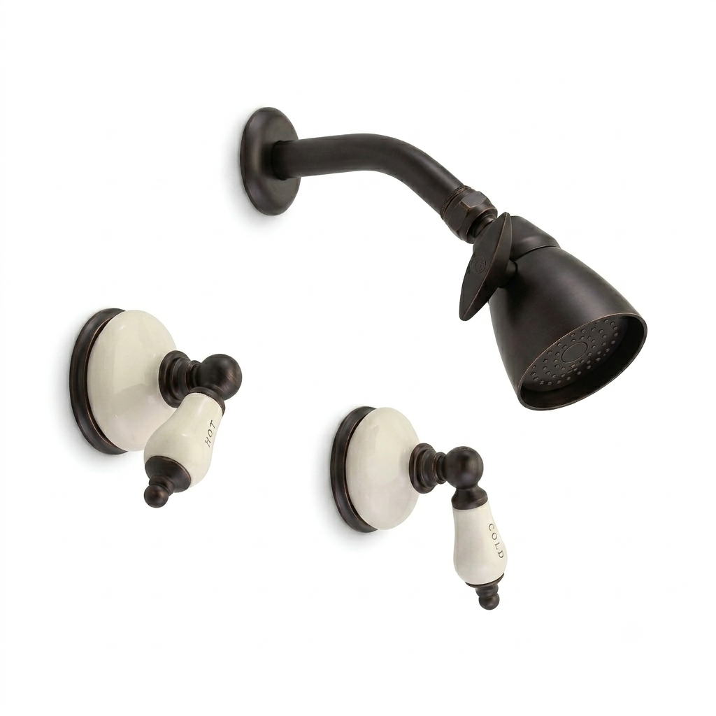 Sacramento In-Wall Shower Set with Porcelain Escutcheons, Lever Handles and Spout P0450 | Strom Living Oil Rubbed Bronze - Showers