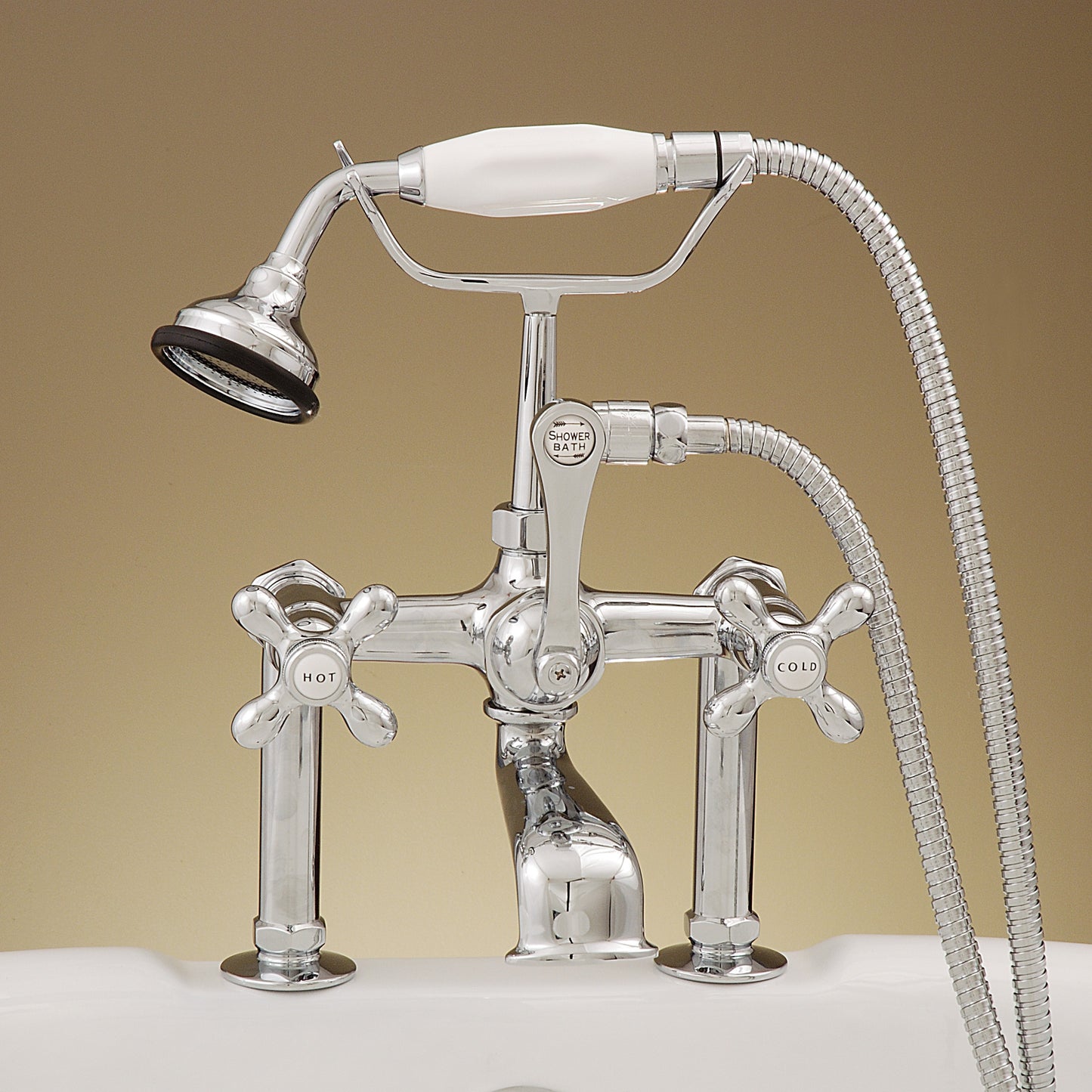 Strom Living British Telephone Deck Mount Tub Faucet with Handheld Shower and Diverter Handle