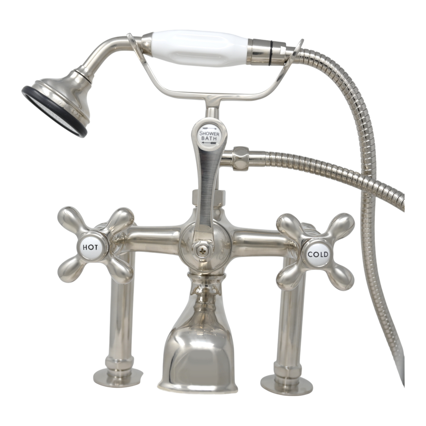 Strom Living British Telephone Deck Mount Tub Faucet with Handheld Shower and Diverter Handle