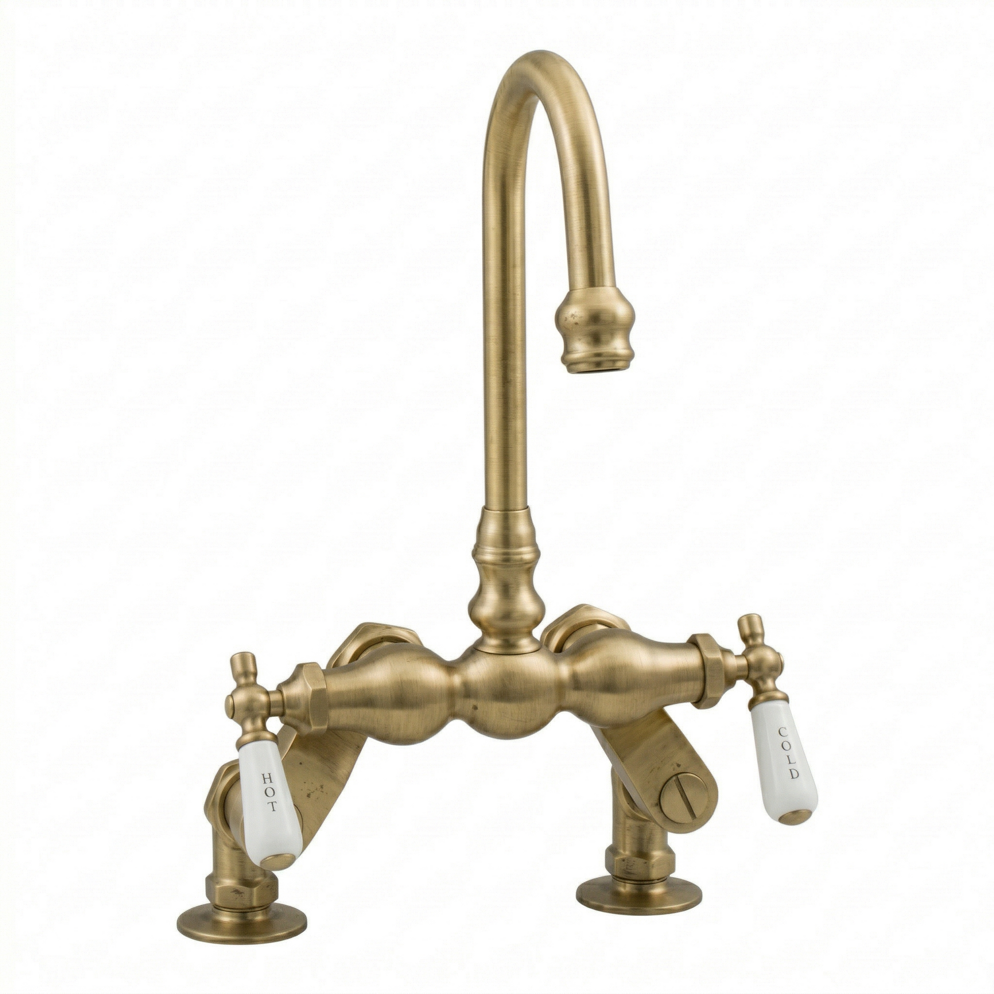 Deck Mount Tub Faucet w/ Porcelain Lever Handles P0625 | Strom Living Satin Brass - Tub Fillers