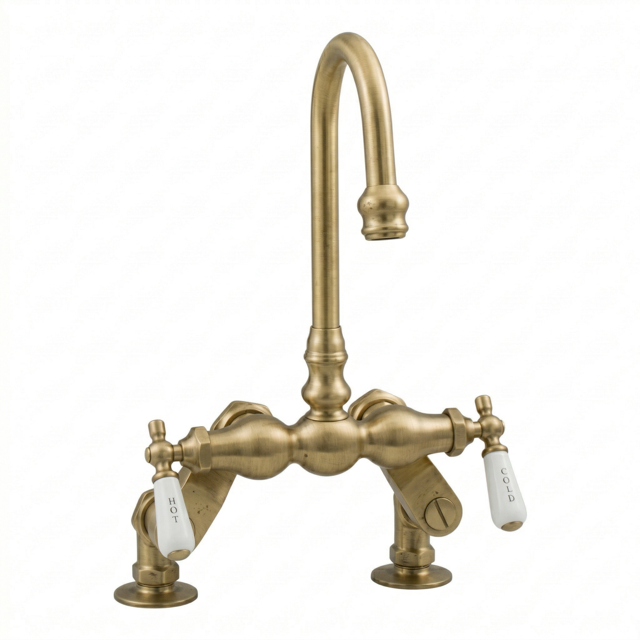 Deck Mount Tub Faucet w/ Porcelain Lever Handles P0625 | Strom Living Satin Brass - Tub Fillers